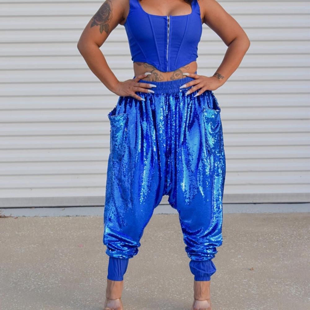 Blue Sequin Harem Pants